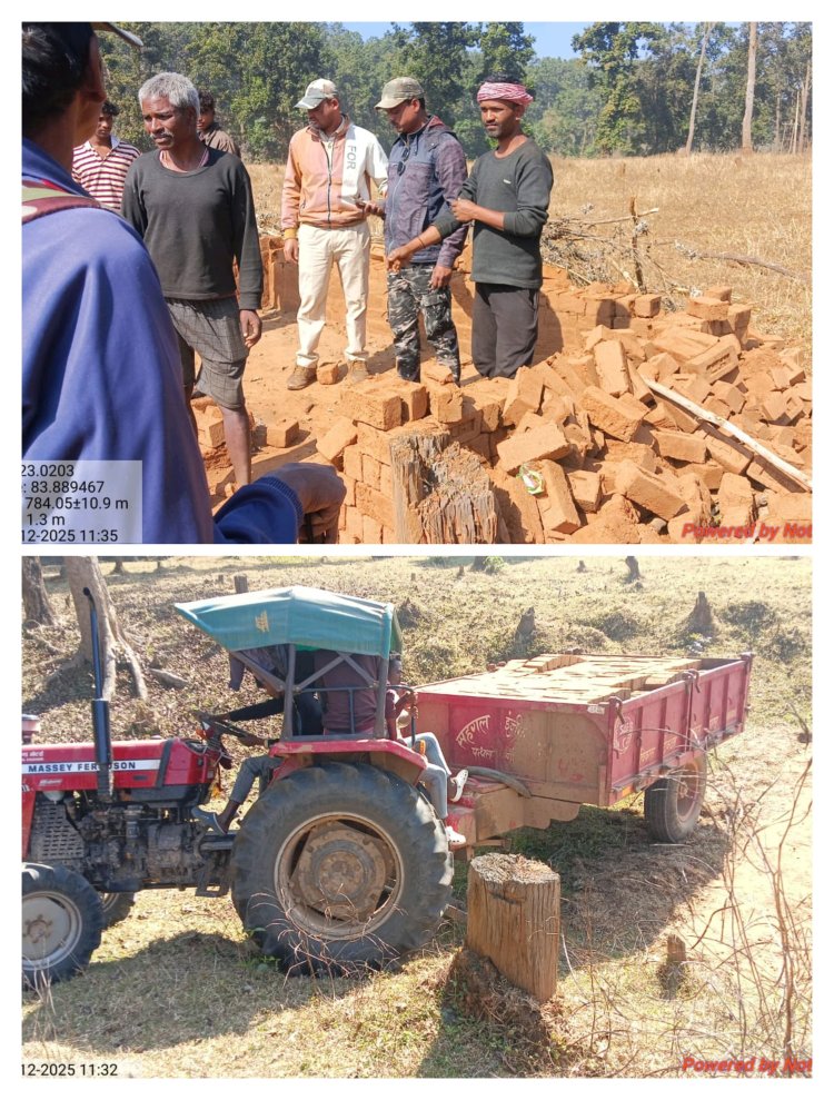 आरक्षित वन भूमि पर हो रहा था अवैध लाल ईंट का भट्ठा लगाने का काम  वन विभाग ने की ईट जप्त करने की कार्यवाही