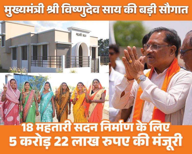 जिले में 5 करोड़ 22 लाख की लागत से बनेंगे 18 महतारी सदन,  ग्रामीण महिलाओं के लिए सशक्तिकरण का बनेंगे केंद्र,